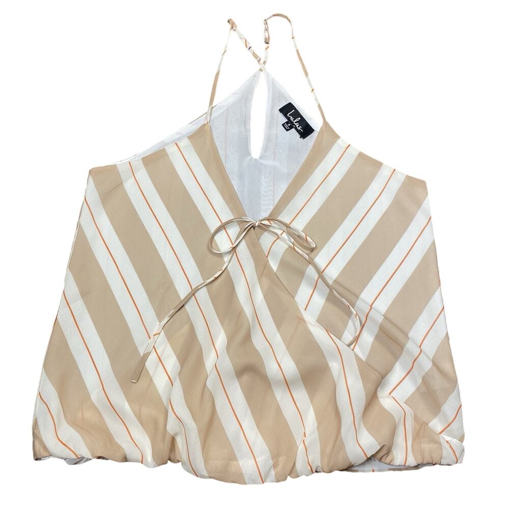 LuLu's Tan White Striped Spaghetti Strap Tank Top Criss Cross Womens Size S